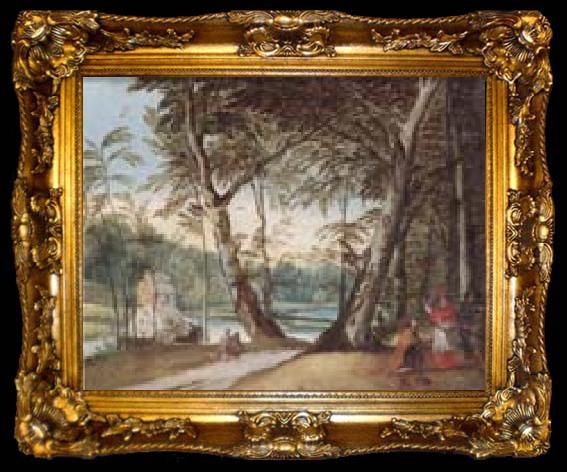 framed  unknow artist A wooded landscape with a beggar kneeling before a cardinal, ta009-2
